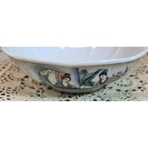 Vtg Oriental Hand Painted Bowl Pair of Geishas Domestic Scene Old Maker's Mark